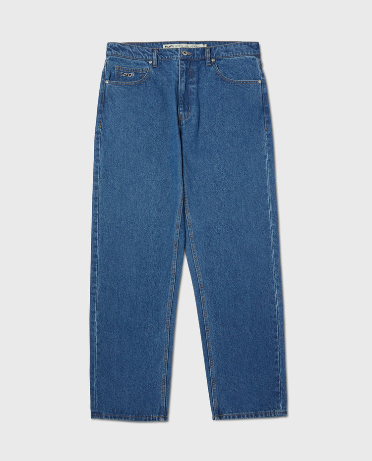 Spijkerbroek vooraanzicht met rechte pijpen en knoopritssluiting, indigo denim