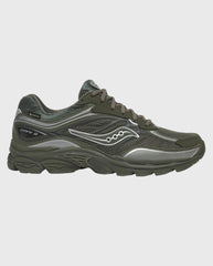 Saucony Progrid Omni 9 GTX herensneaker, zijprofiel donkergroen met grijze zoolribben