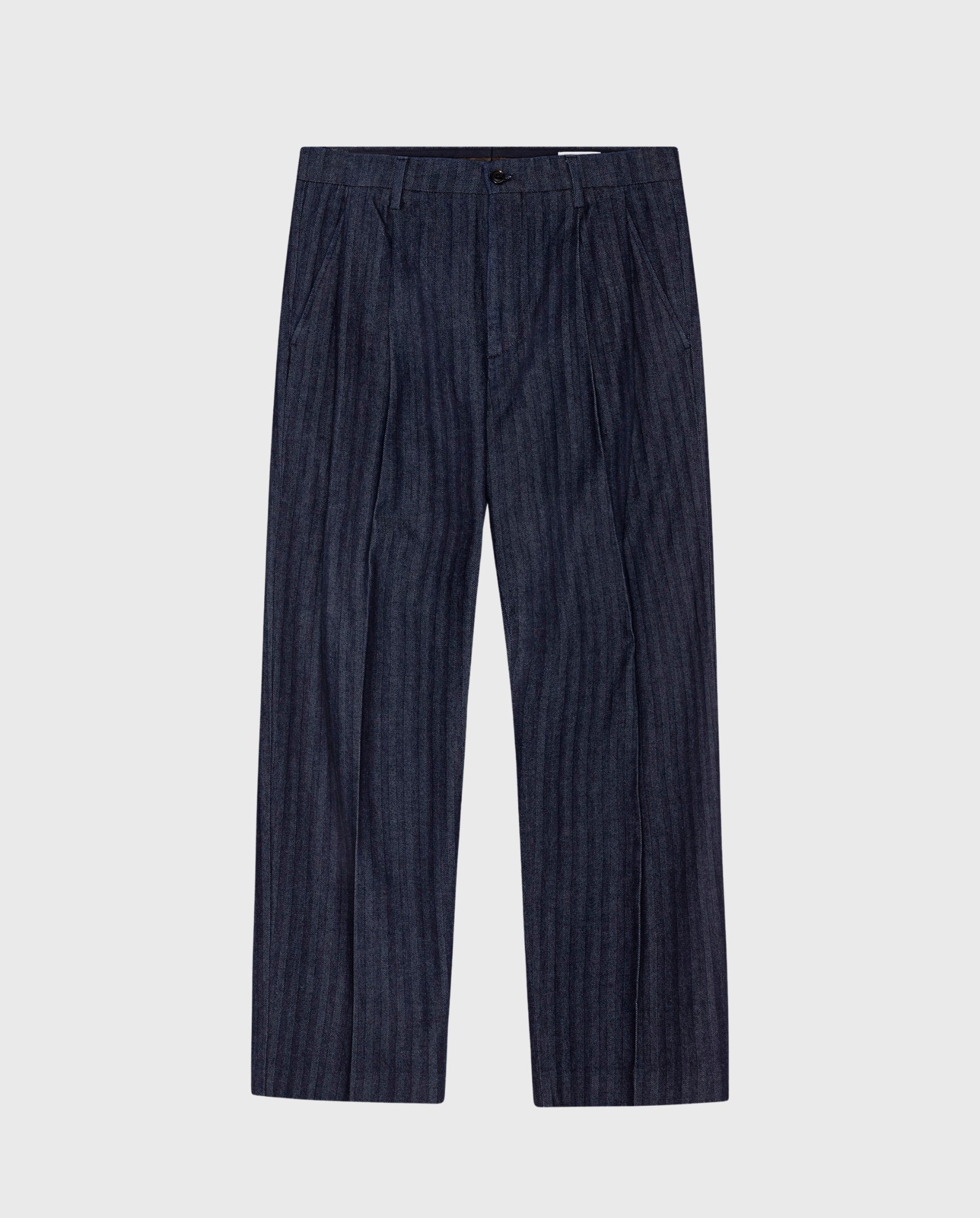 Donkerblauwe Justin denim broek met knoopsluiting en riemlussen