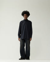Wollen oversized overhemd, donkerblauw gestreept, knoopkraag, lange mouwen