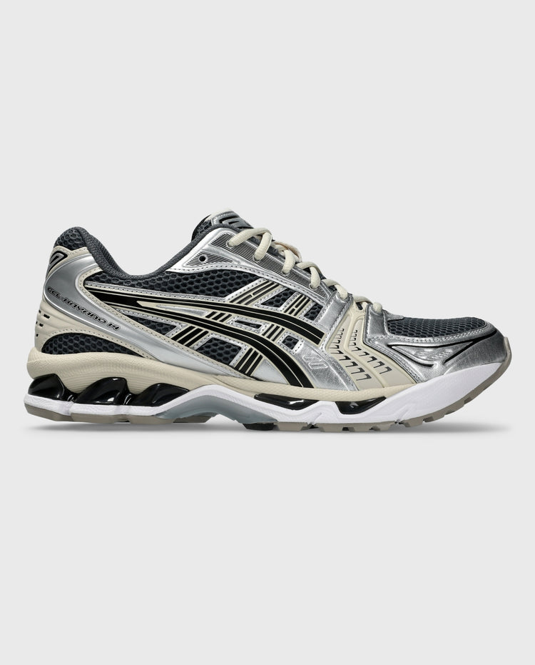 Asics Gel-Kayano 14 hardloopschoen zijaanzicht grijs/zwart met zwarte hielkap