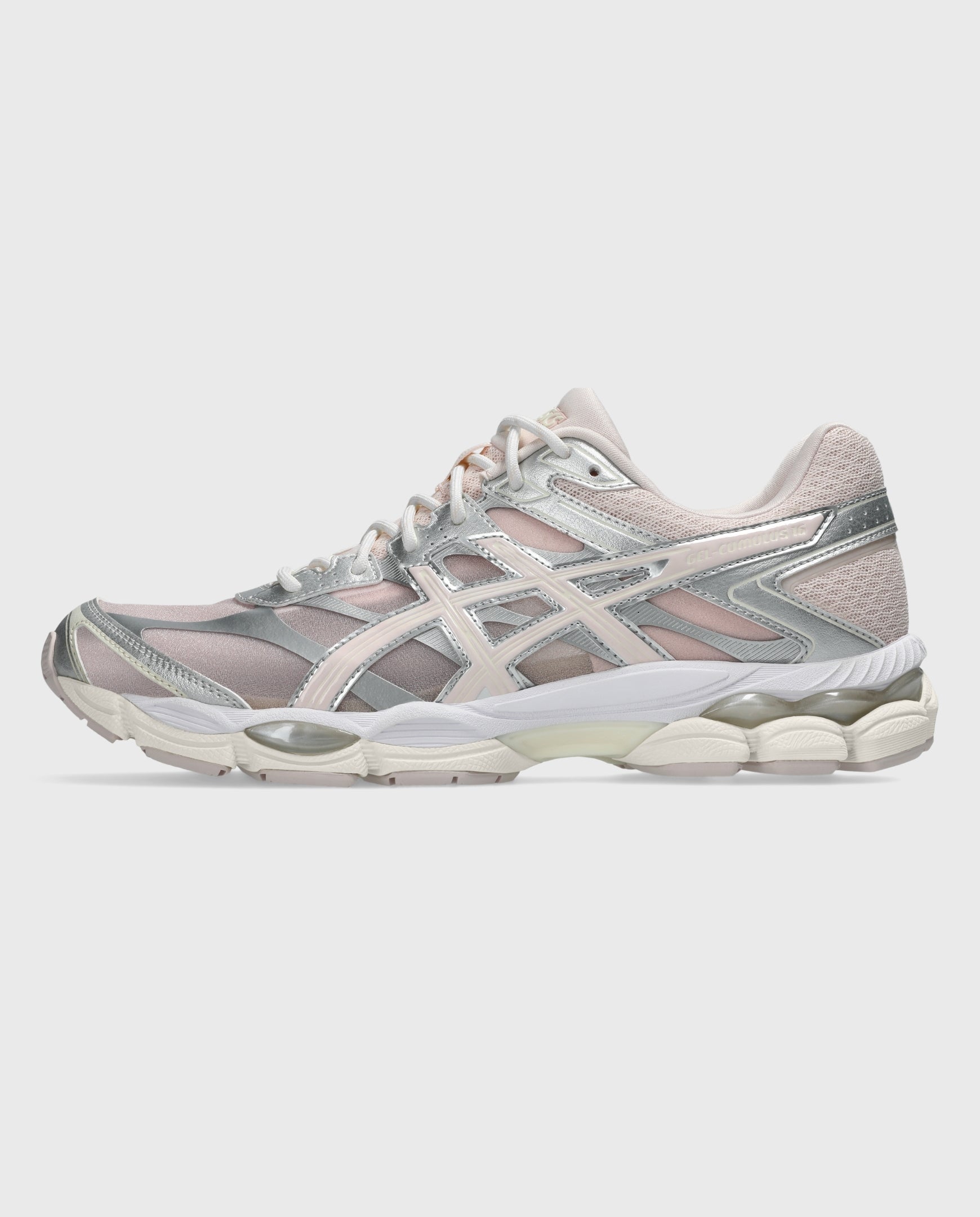 Asics hardloopschoenen lichtroze/zilver met doorlopende witte zool en vetersluiting