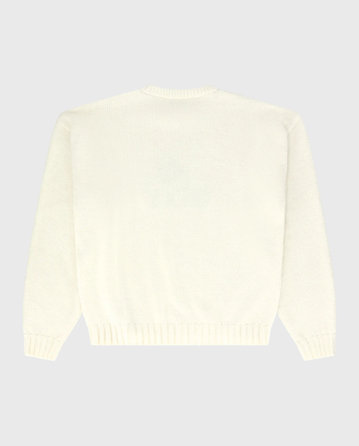 Beige alpaca gebreide trui met ronde hals, geribde boorden (achterzijde)