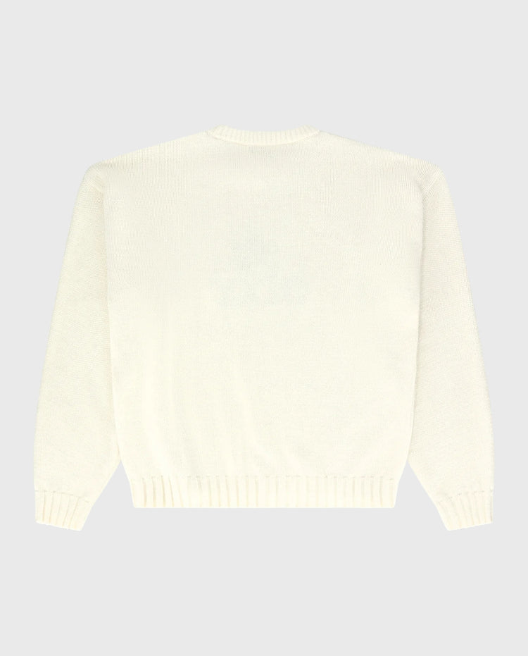Beige alpaca gebreide trui met ronde hals, geribde boorden (achterzijde)