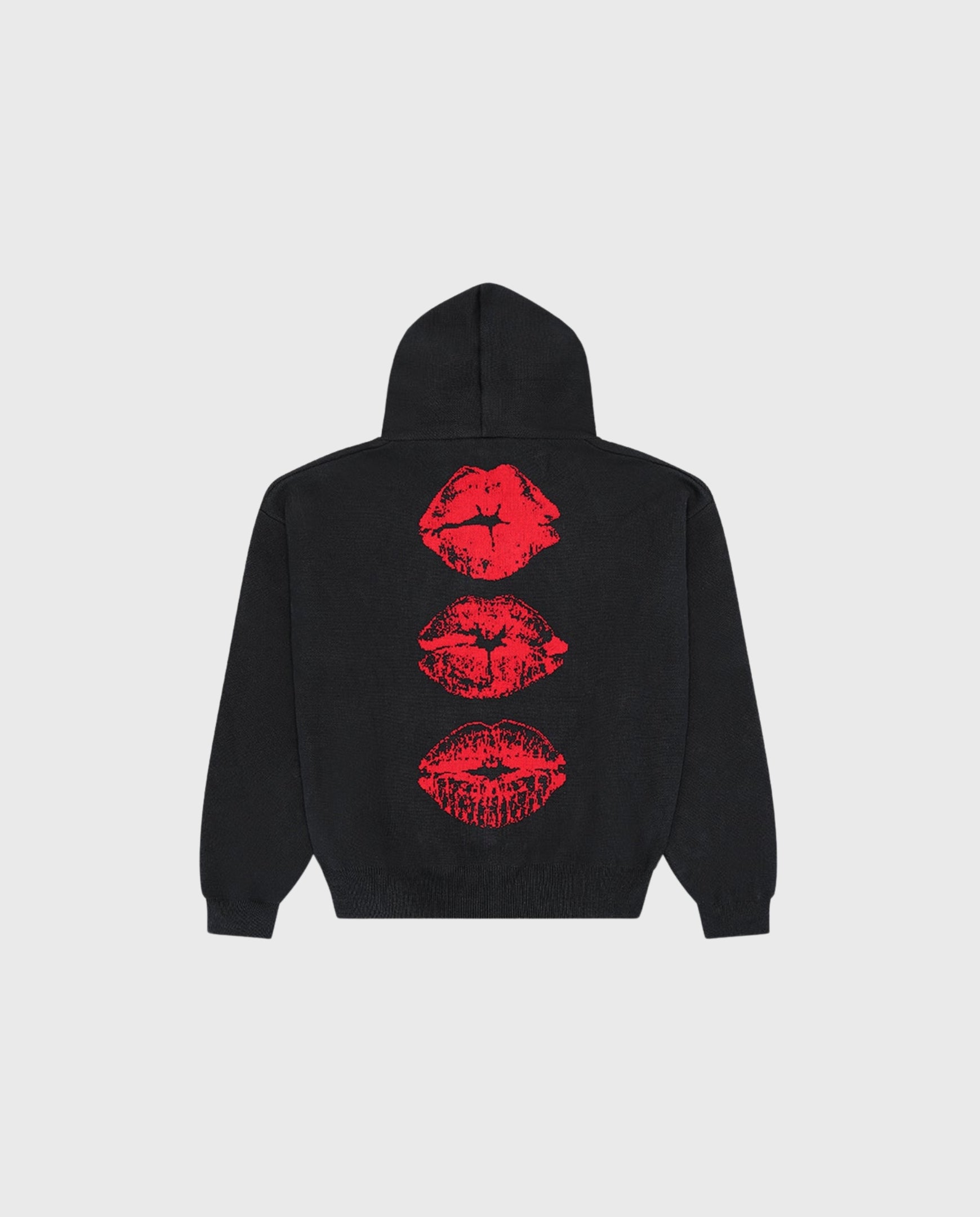 Red Lips Knitted Hoodie Black