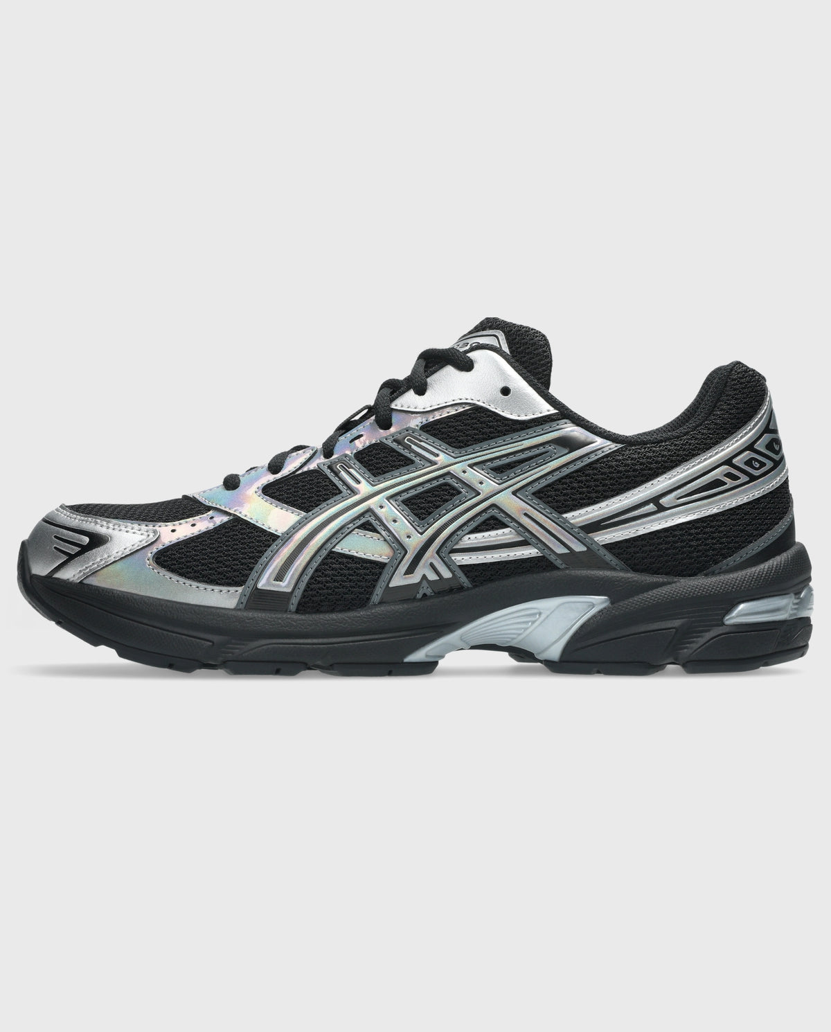 Asics sneakers met veters in zwart; zilverkleurige middenpanelen en asymmetrische belijning