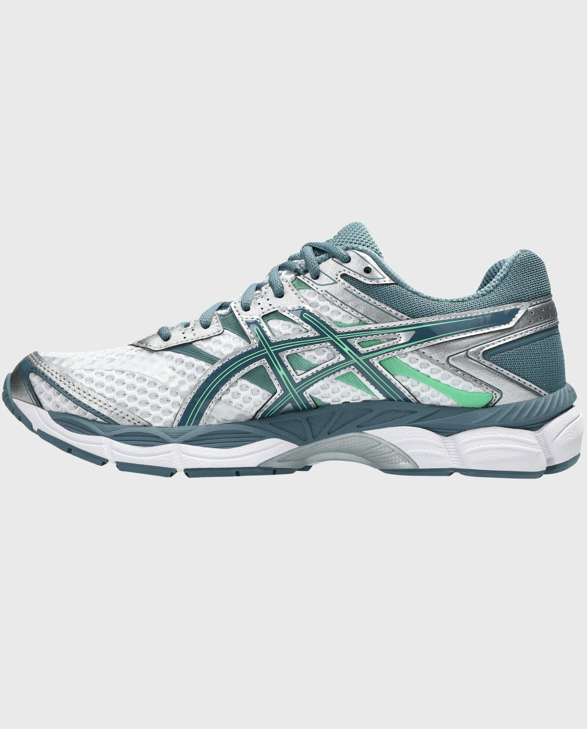 Asics hardloopschoen wit met groen, voor-zijaanzicht met reflecterende strepen