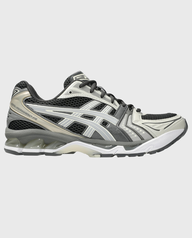 Asics hardloopschoen zijaanzicht, donkergrijs en lichtgrijs bovenwerk met gelijde zool