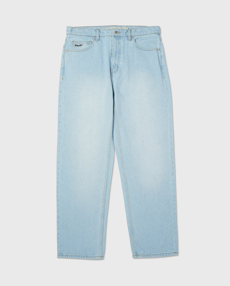 Blauwe jeans met knoopsluiting en riemlussen, licht gewassen denim.