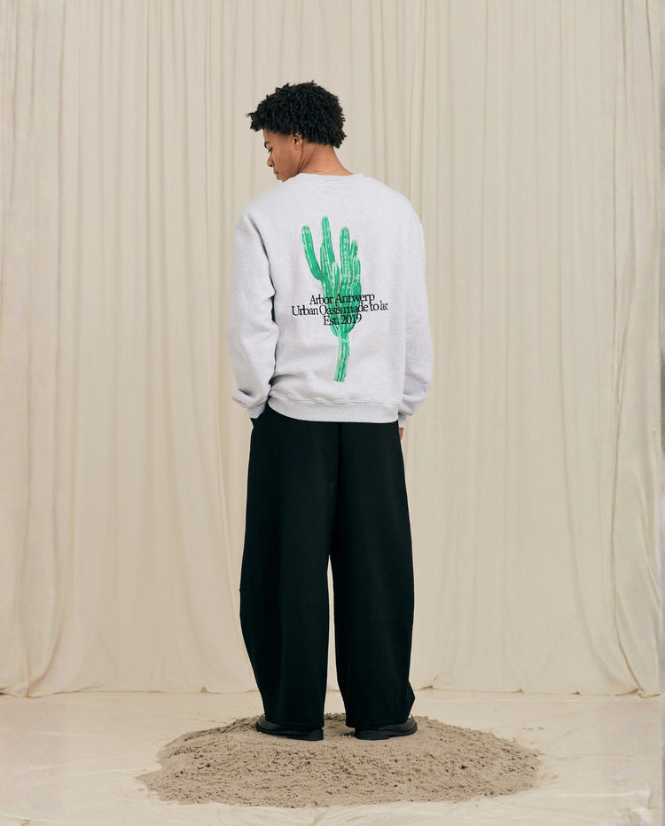 lichtgrijze crewneck trui met groene cactusprint en zwarte tekst op de rug
