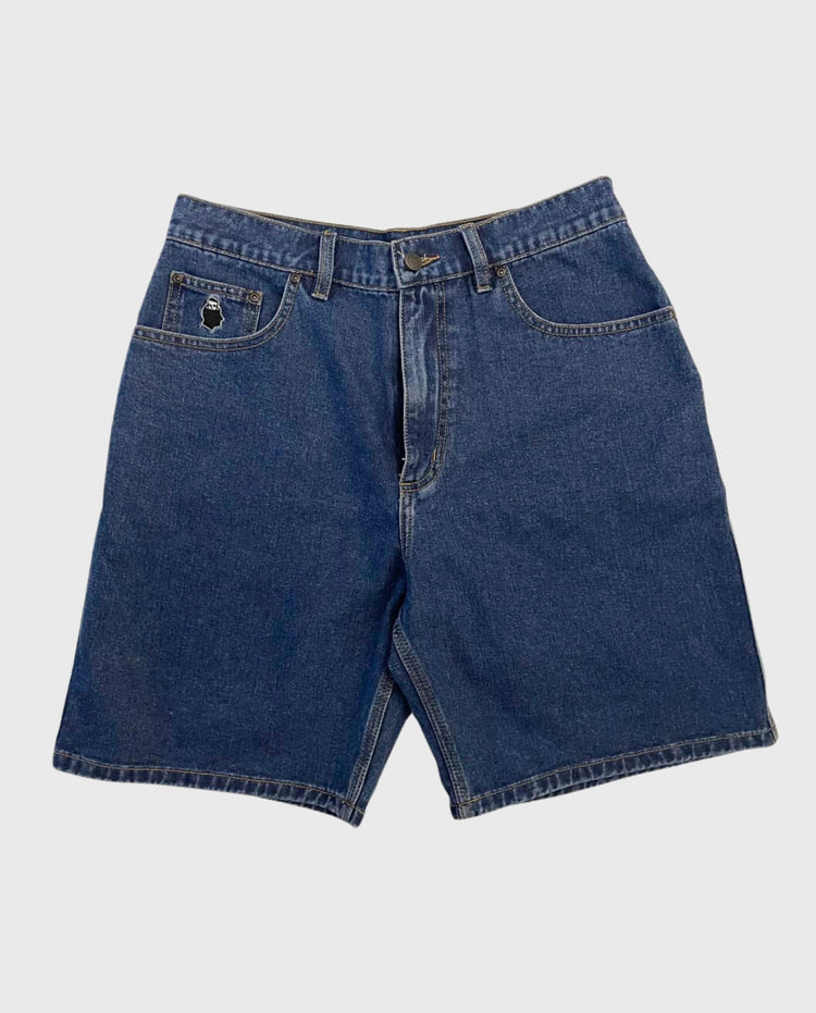 Donkere denim short met riemlussen, voorzakken en knoopsluiting