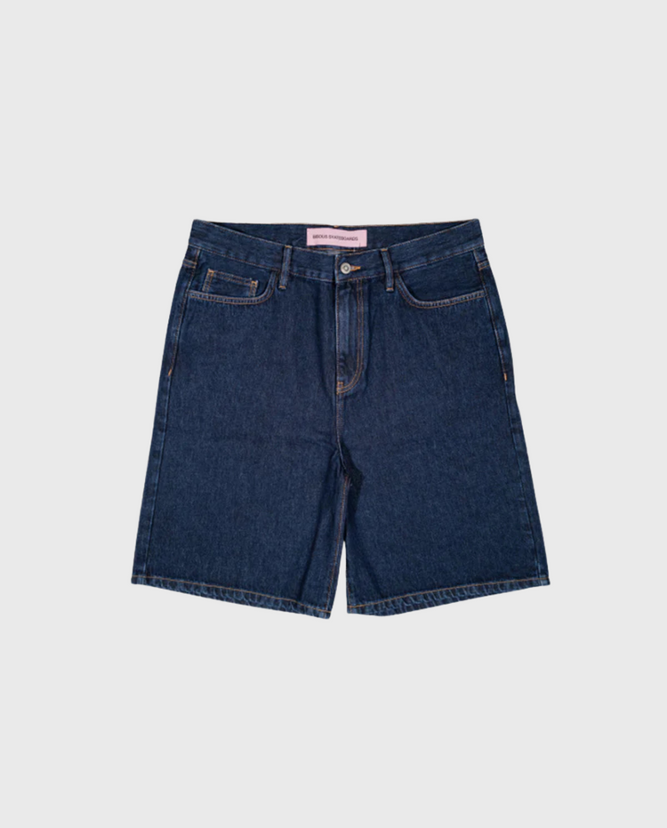Donkerblauwe jeans shorts met knoopsluiting, voorzakken en rafelzoom