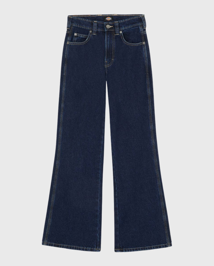 Jeansbroek donker indigo met wijde pijpen, knoopsluiting en steekzakken