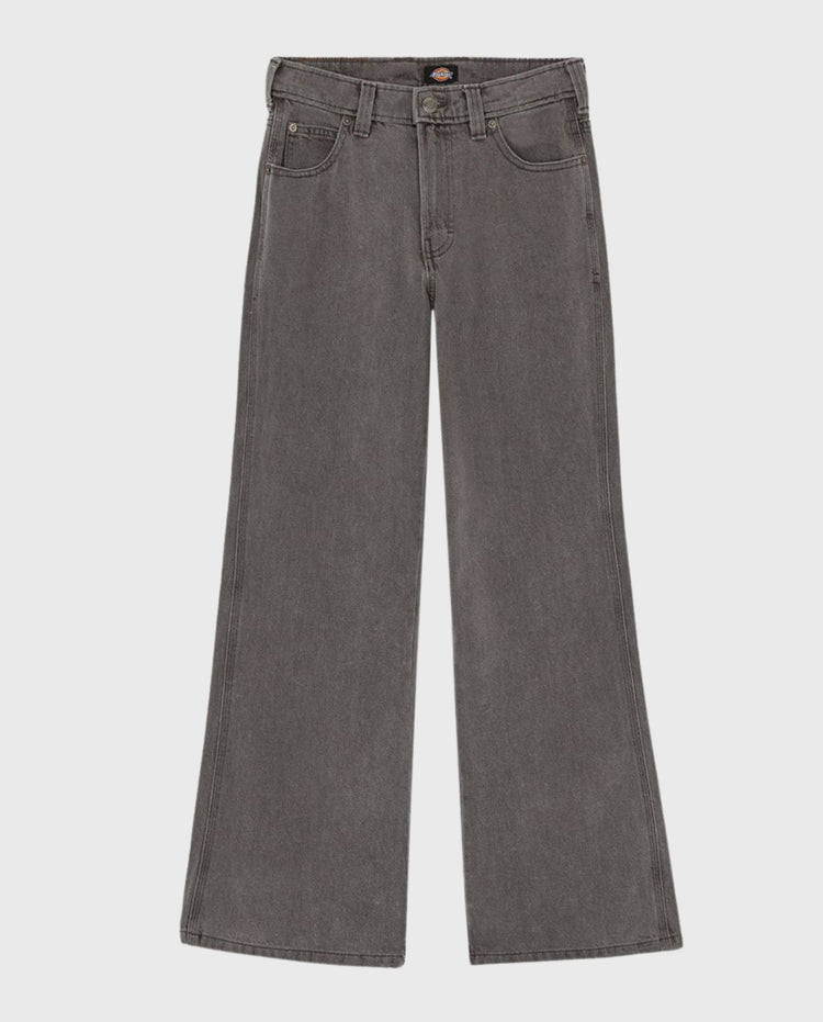 Grijze wide-leg jeans met knoop- en ritsluiting, riemlussen en 5 zakken.