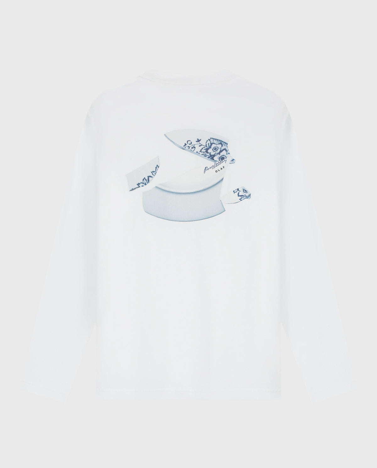 Witte longsleeve T-shirt, close-up van blauwe rugprint.