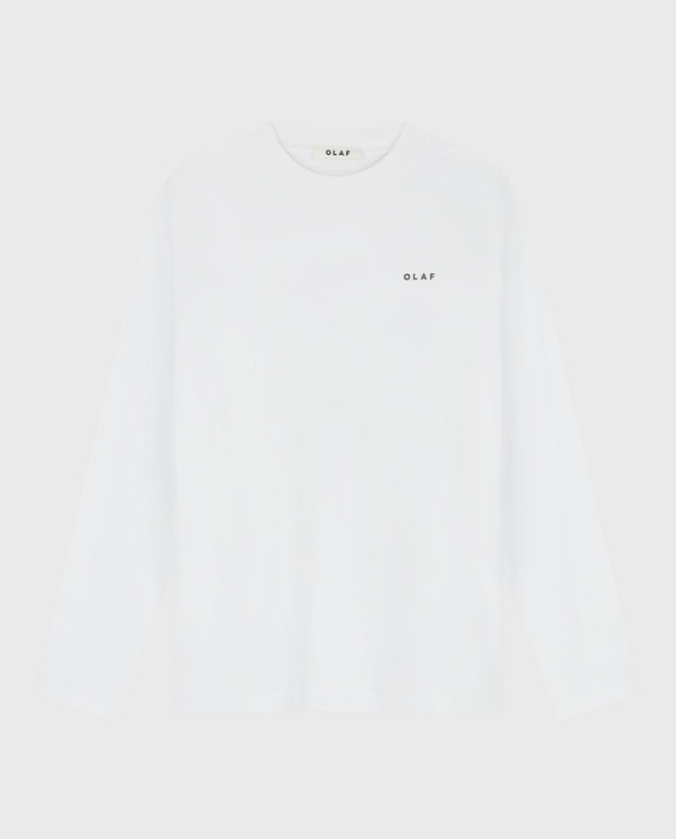 Witte longsleeve T-shirt met klein borstlogo/tekst OLAF vooraan.