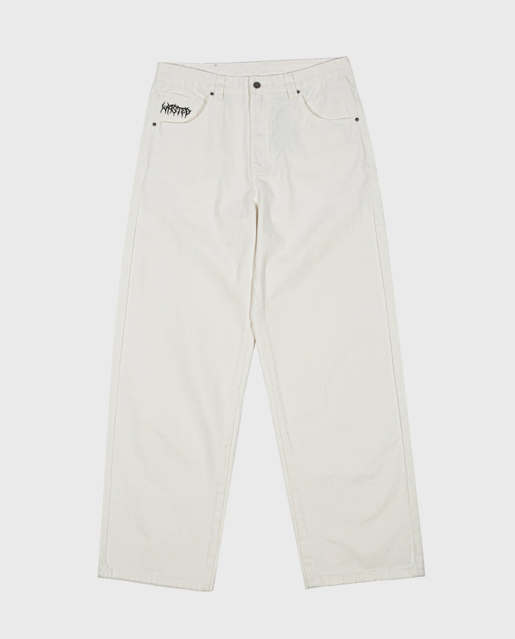 Casper broek off-white platgelegd, rechte pijpen met steekzakken en knoopsluiting