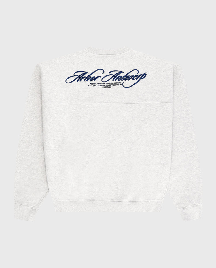 Melange crewneck sweater met grote cursieve rugprint