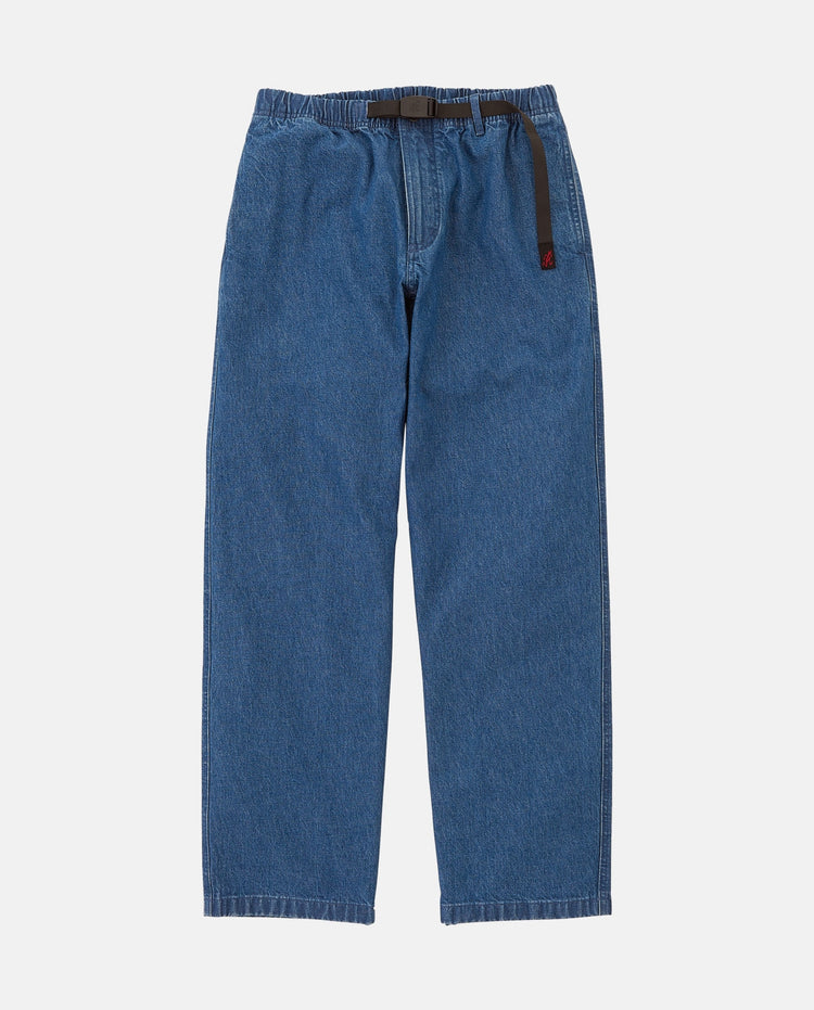 Rechte denim jeans met elastische tailleband, lichte wassing en zijzak