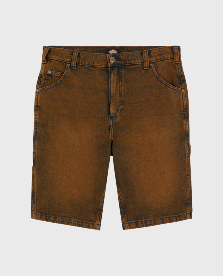 Bruine denim short met knoop- en ritssluiting, riemlussen en voorzakken
