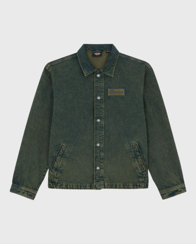 Groen denim jack met knoopsluiting, puntkraag, borstpatch en voorzakken