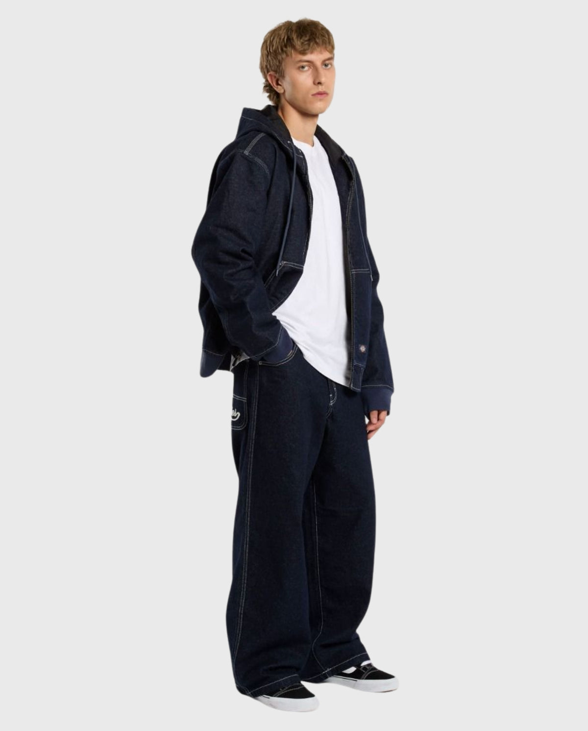 Denim jeans met wijde pijpen, donkerblauw, rits- en knoopsluiting, voorzakken