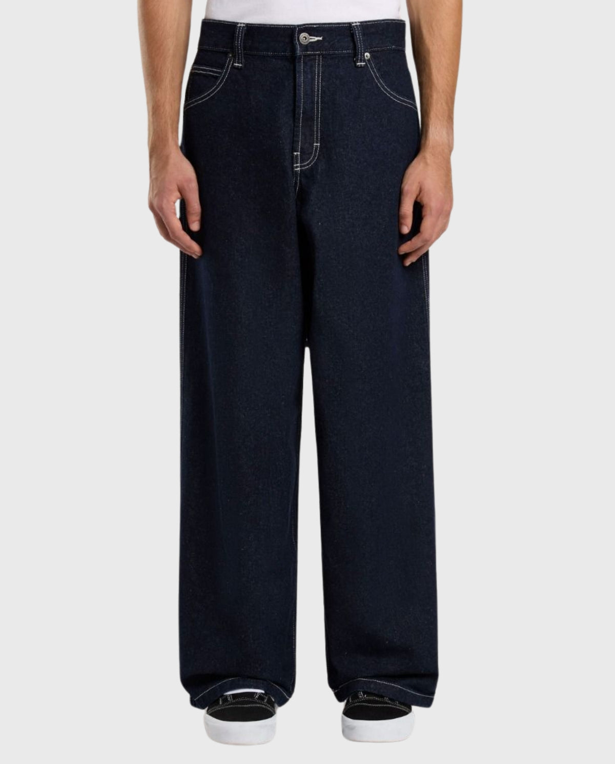 Denim jeans met wijde pijpen, donkerblauw, rechte stiksels, riemlussen en knoopsluiting