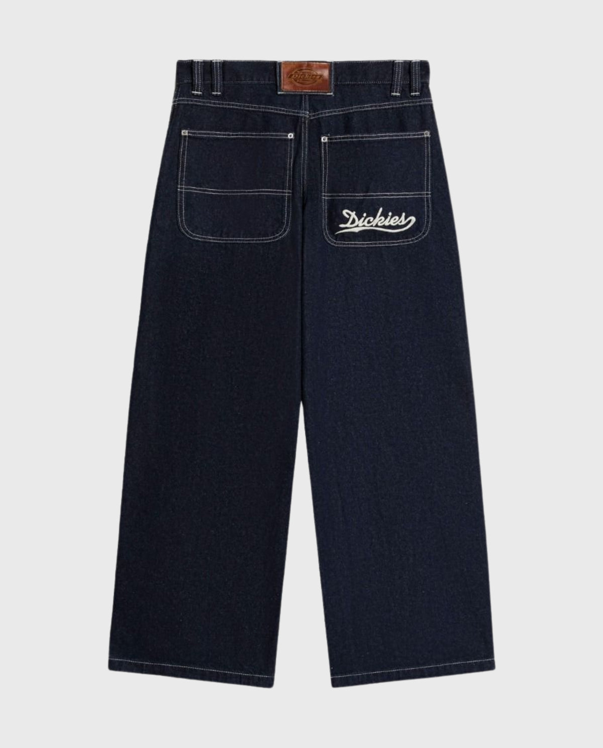 Denim jeans met wijde pijpen, donkerblauw, voorzakken en Dickies-logo op broekspijp