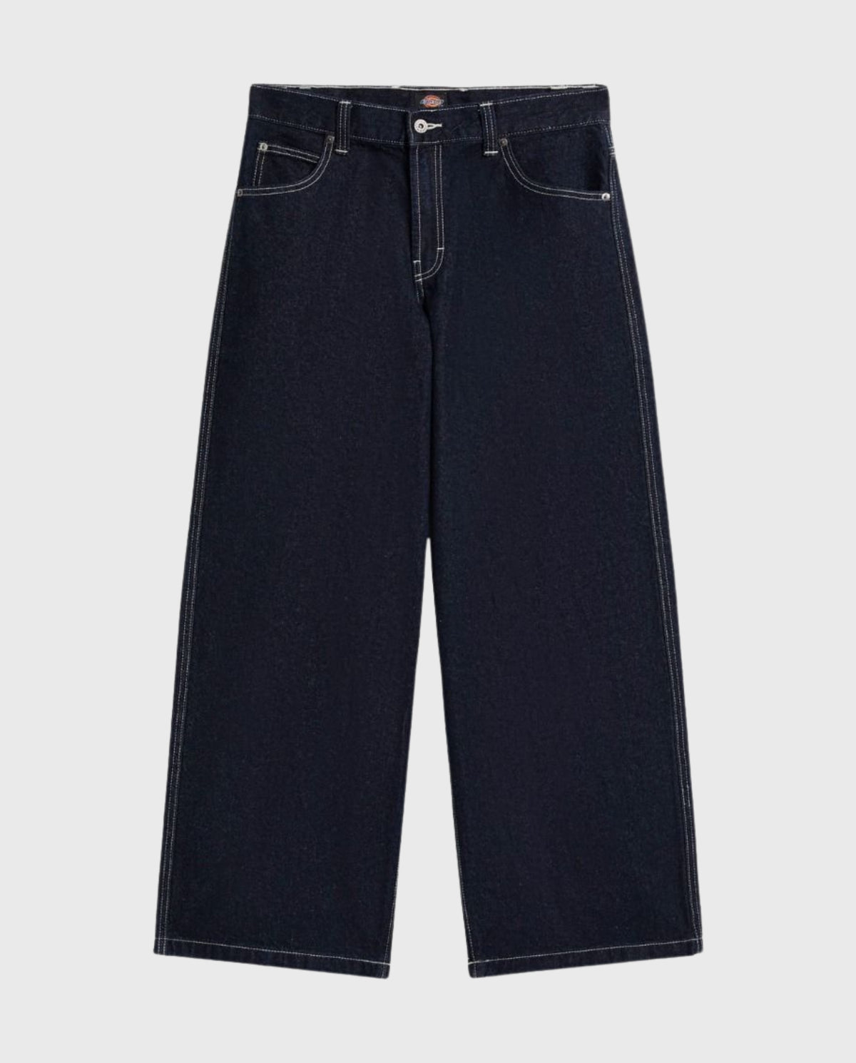 Denim jeans met wijde pijpen, donkerblauw, rits- en knoopsluiting, riemlussen