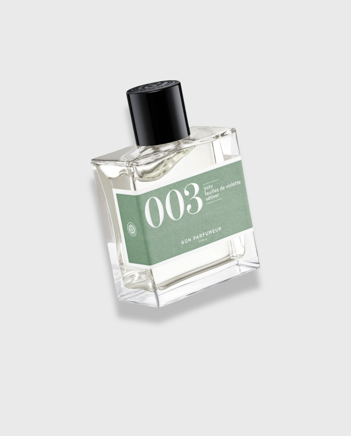 Parfumfles Bon Parfumeur 003 met groen etiket en zwarte dop, doorzichtige flacon
