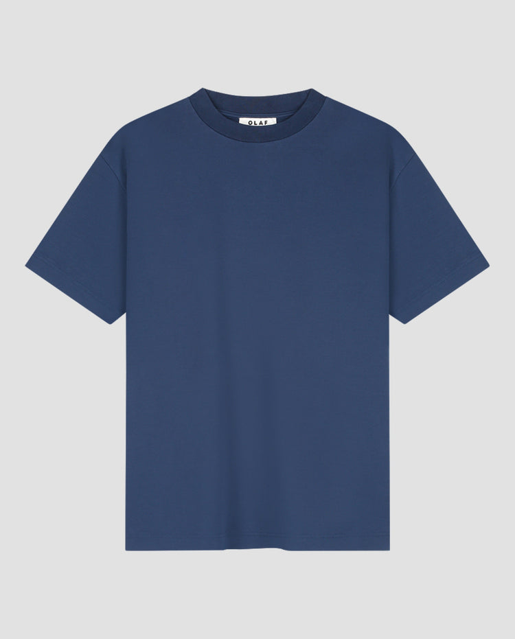 Donkerblauwe effen T-shirt met ronde hals en korte mouwen, vooraan