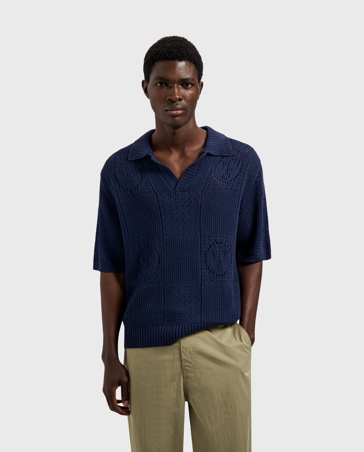 Gebreide polo met korte mouwen, donkerblauw, V-hals met knoopsluiting en structuurpatroon
