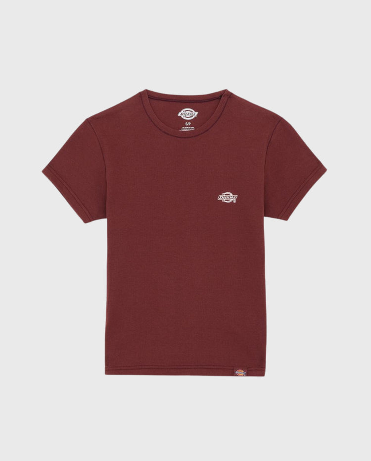 Bordeauxrood T-shirt met ronde hals en klein borstlogo, korte mouwen