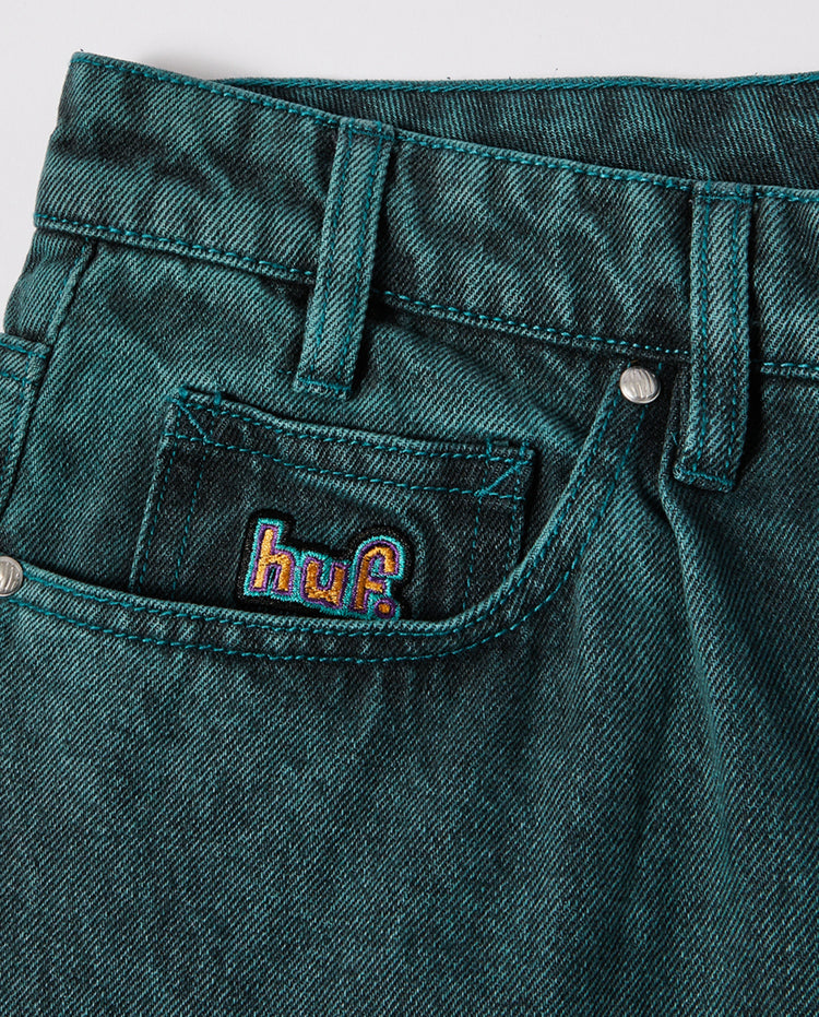 Zeegroene spijkerbroek met logo patch 'hur' op achterzak