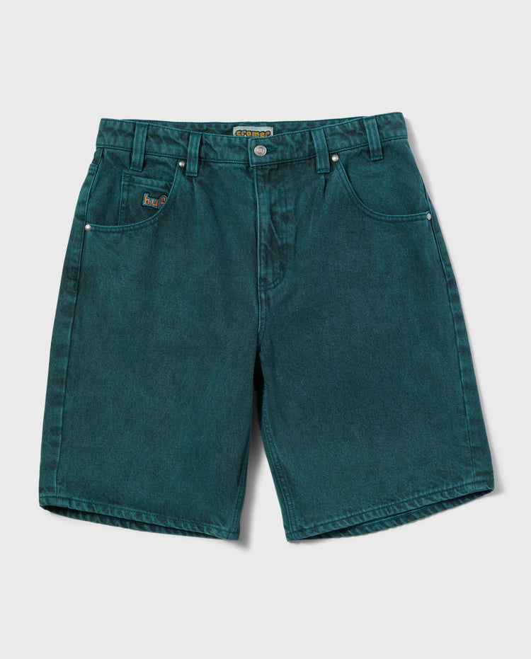 Zee-groene denim short met achterzakken, knoopsluiting en riemlussen