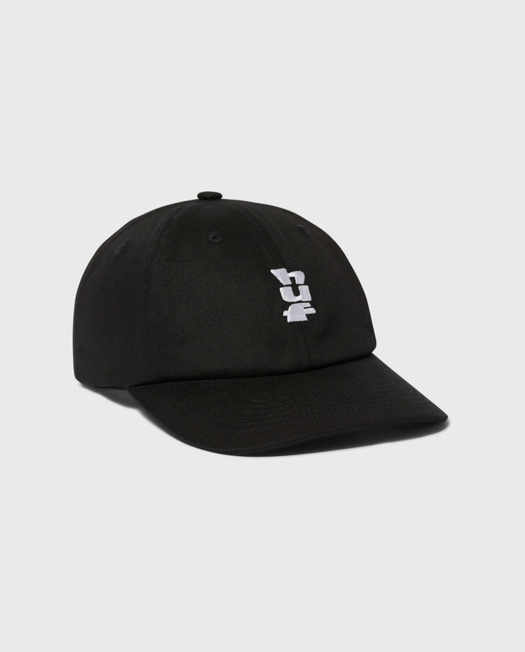 Huf 6-panel pet in zwart met wit Huf-logo op de voorkant
