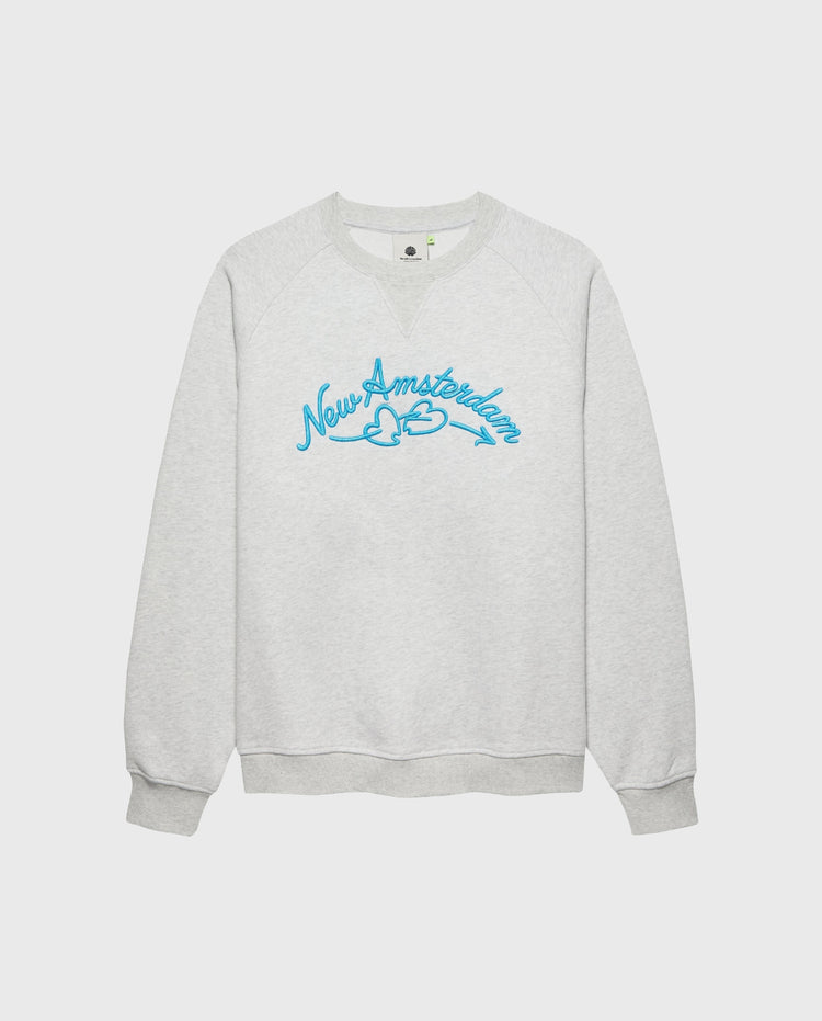 Grijze crewnecktrui met blauwe tekstprint vooraan en ronde hals