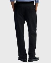 Zwarte geplooide regular fit broek aan achterkant, rechte pijpen en riemlussen.