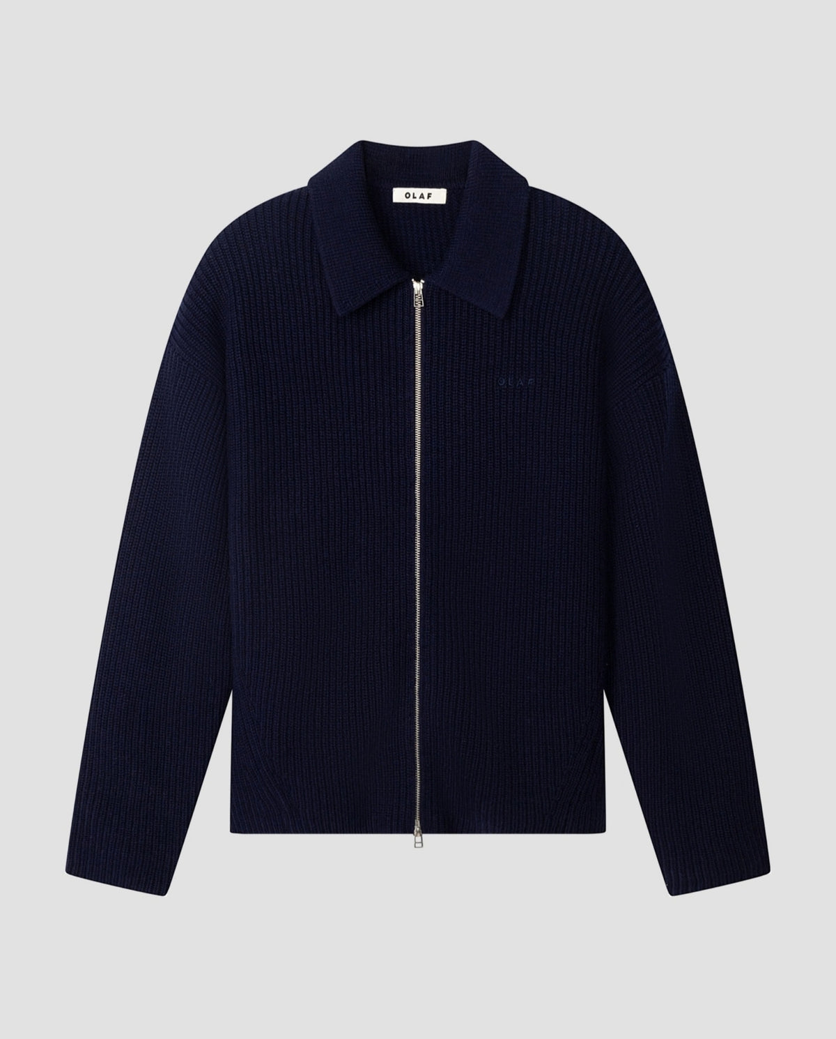 Donkerblauw gebreid vest met rits, lange mouwen en polokraag