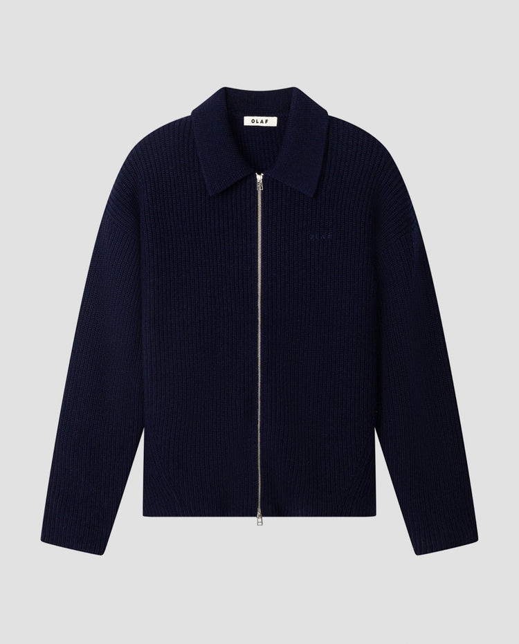 Gebreid vest in donkerblauw met ritssluiting en rechte zoom