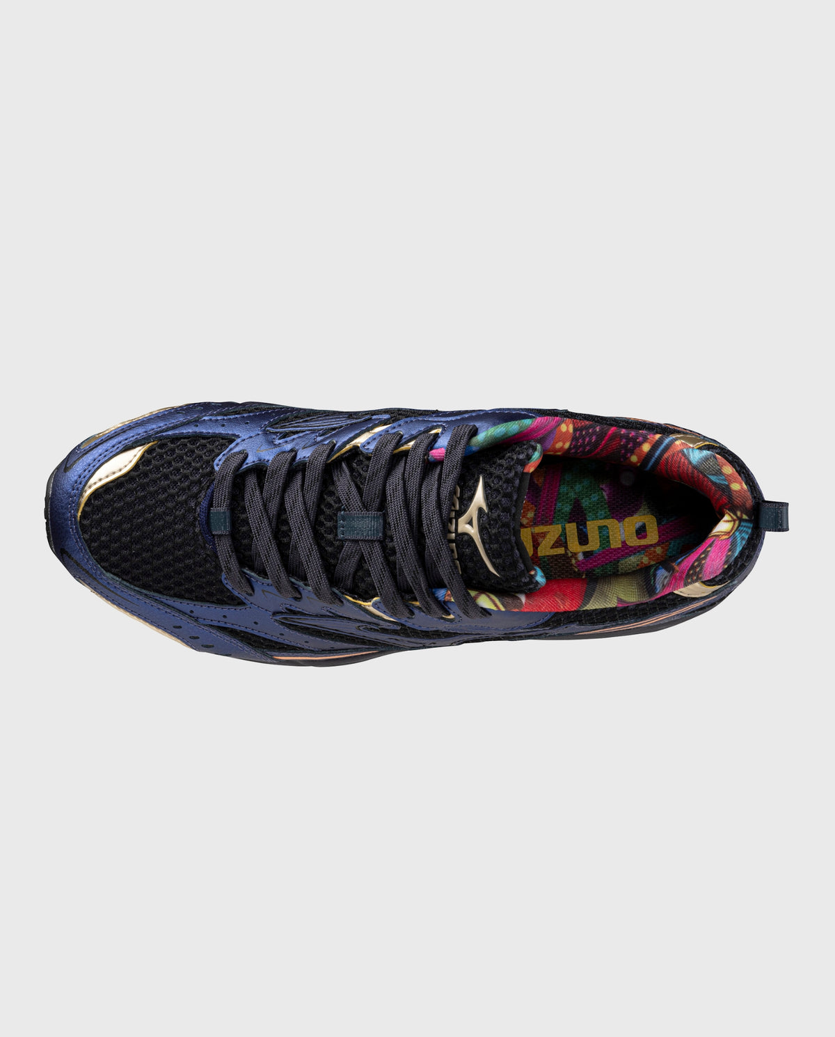 Mizuno MXR hardloopschoen, donkerblauw met kleurrijke hielvoering en veters