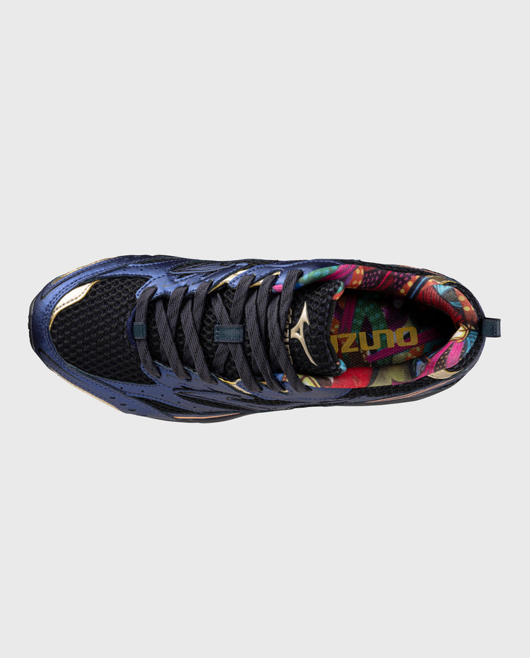 Mizuno MXR hardloopschoen, donkerblauw met kleurrijke hielvoering en veters