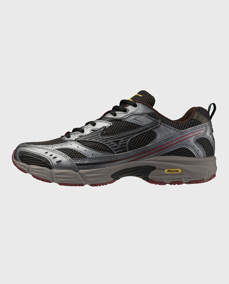 Mizuno MXR hardloopschoen in donkergrijs met zwarte mesh en rood accent