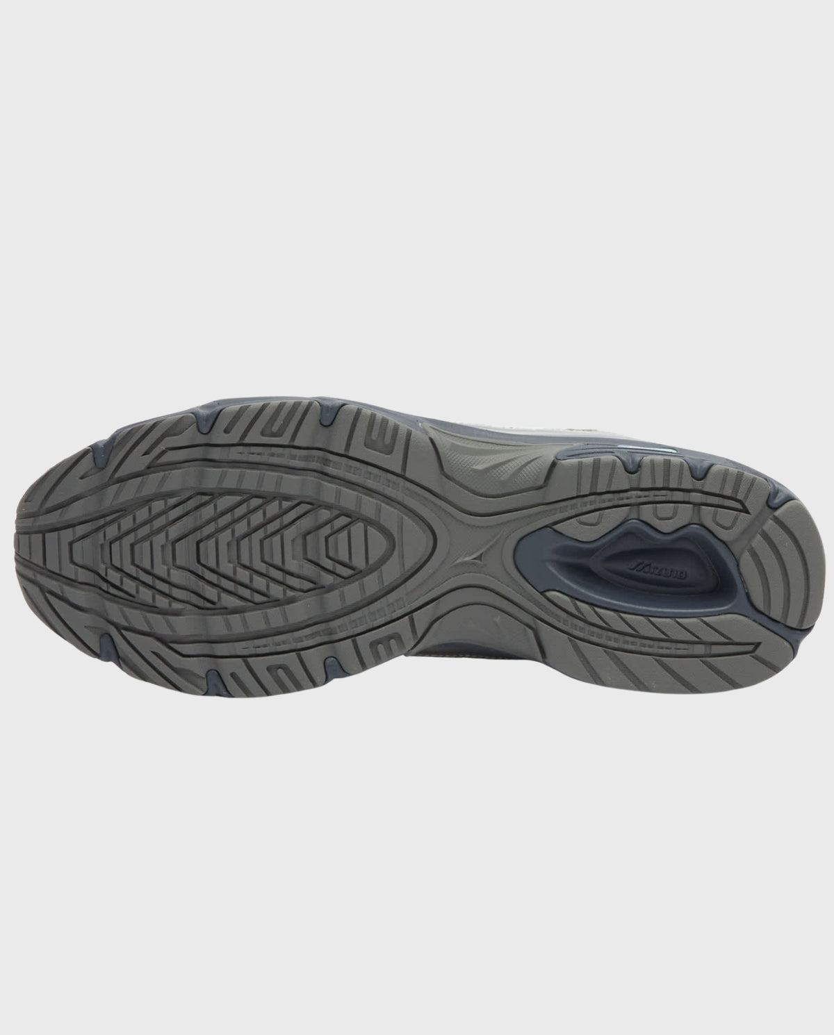 Mizuno hardloopschoen zool met profiel en blauwe inzet, onderaanzicht.