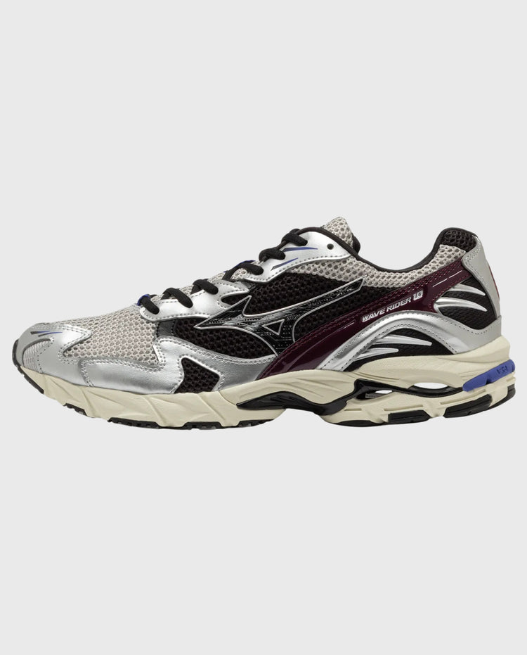 Mizuno Wave Rider 10 sneaker, grijs mesh met zwarte overlays en blauwe accenten