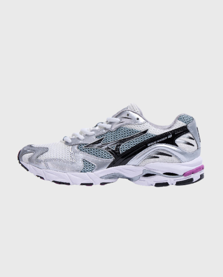 Mizuno Wave Rider 10 sneaker, wit bovenwerk met zwarte band en teal inzetstukken