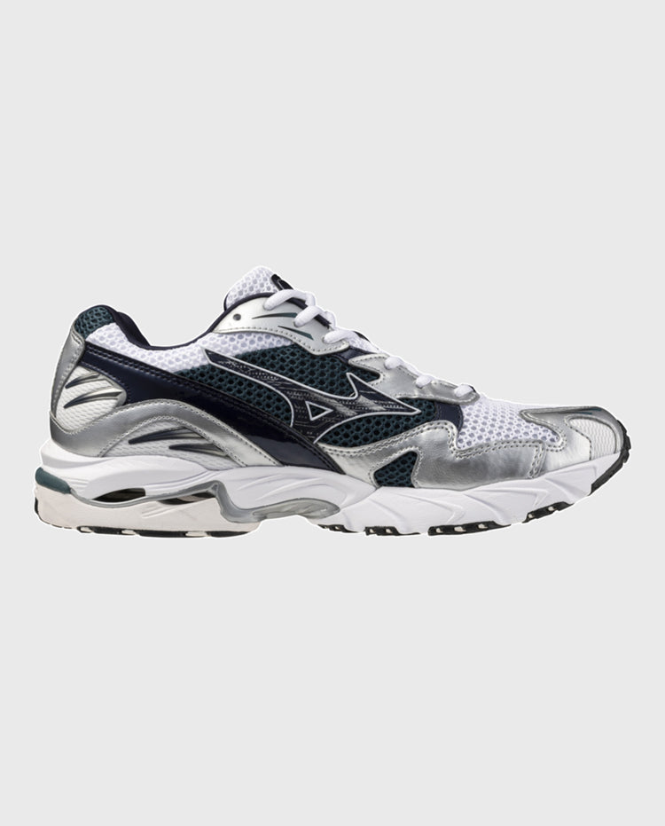 Mizuno Wave Rider 10 hardloopschoen wit met donkerblauw en teal panelen