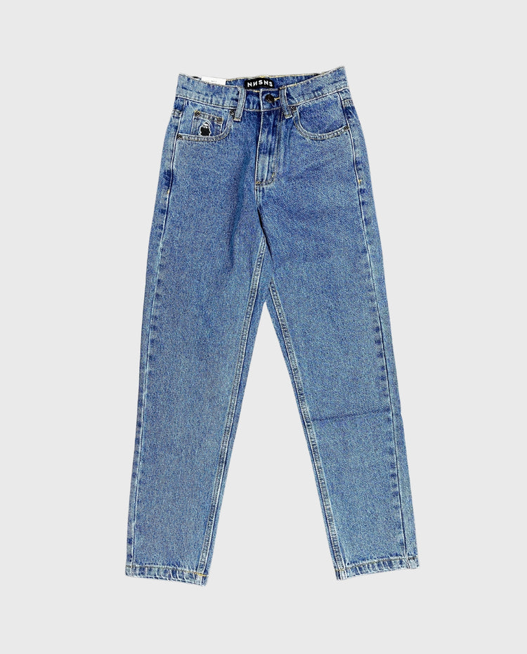 Blauwe gewassen denim jeans met riemlussen, knoop- en ritssluiting en rechte pijpen