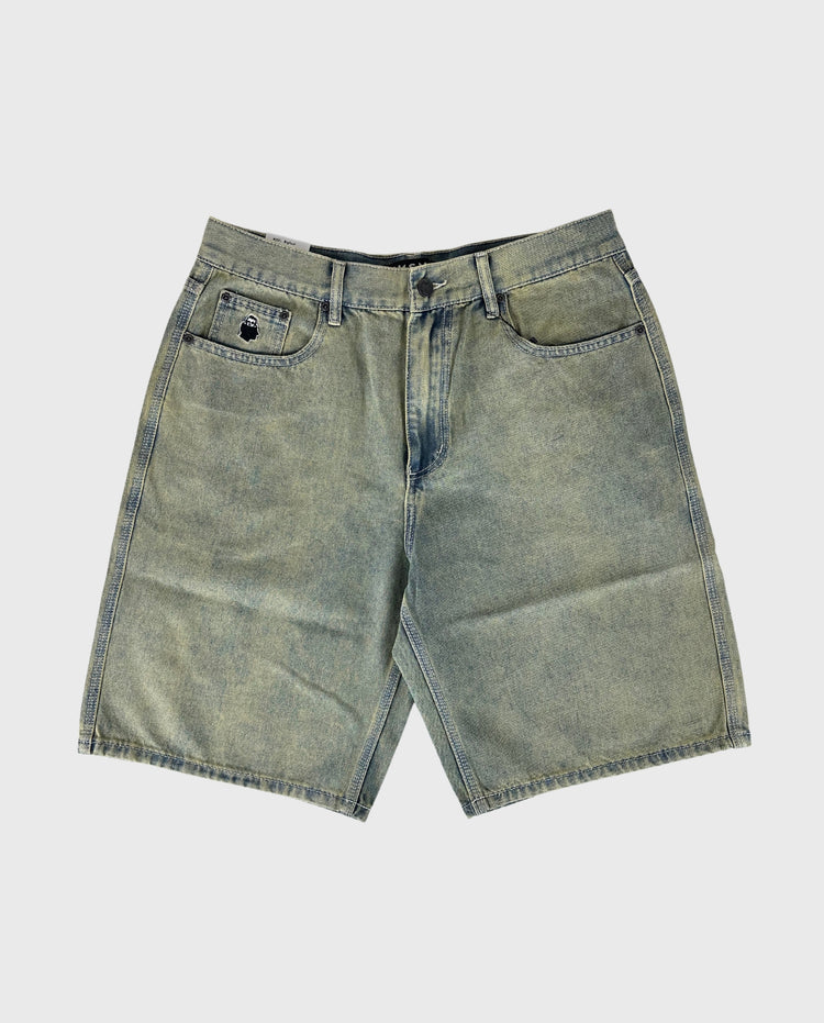 Olijfgroene denim shorts met voorzakken, knoopsluiting en rechte pijpzoom