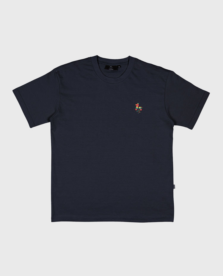 Donkerblauwe T-shirt met ronde hals en klein geborduurd motief op borst